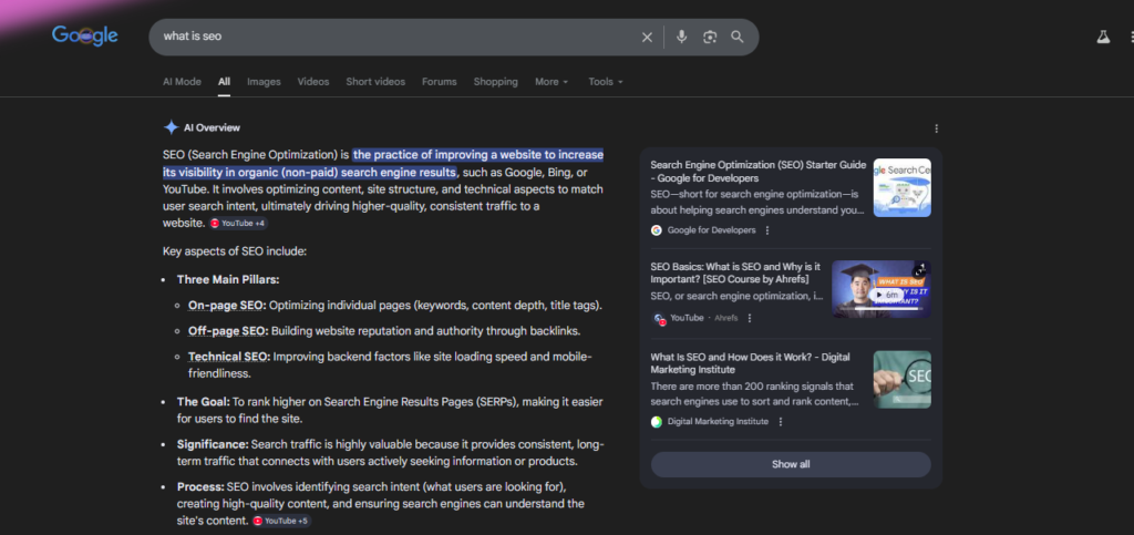 An AI result of "what is SEO?"